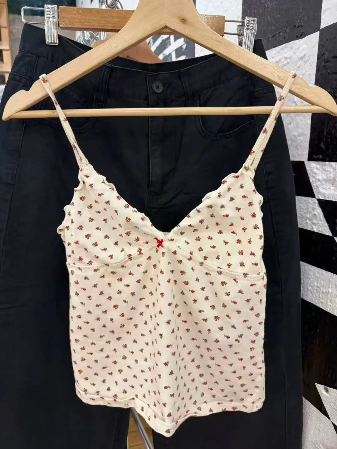 Navy Dot Fungus Trim Bow Tank Tops Women Casual Cotton Slim V-neck Sleeveless Camis Girls Cute Sweet Preppy Style Y2K Crop Top