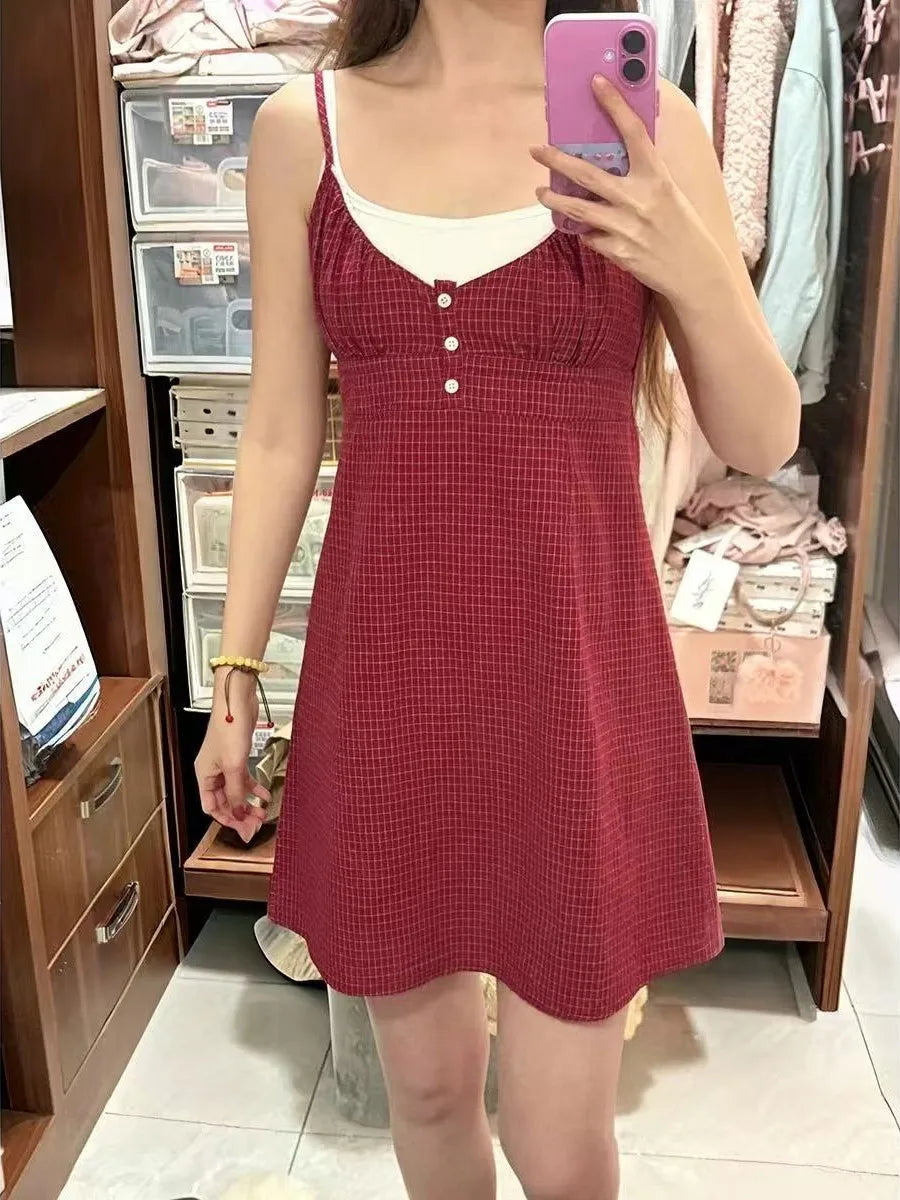 Red Plaid V-neck Mini Dress Women Summer Casual Buttons Lace Trim A-line Short Vestidos Vintage Sweet Preppy Style Y2K Dresses