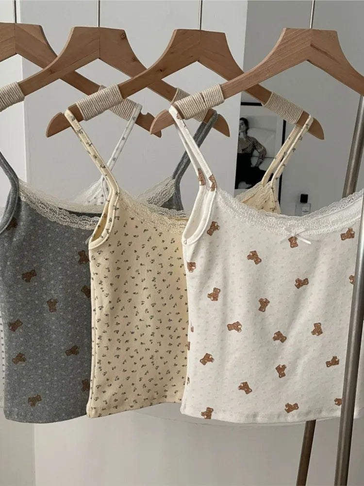 Sweet Floral Lace Trim Eyelet Tank Tops Women New Summer Cotton Bow Slim Preppy Style Cropped Vests Cute Preppy Style Chic Camis