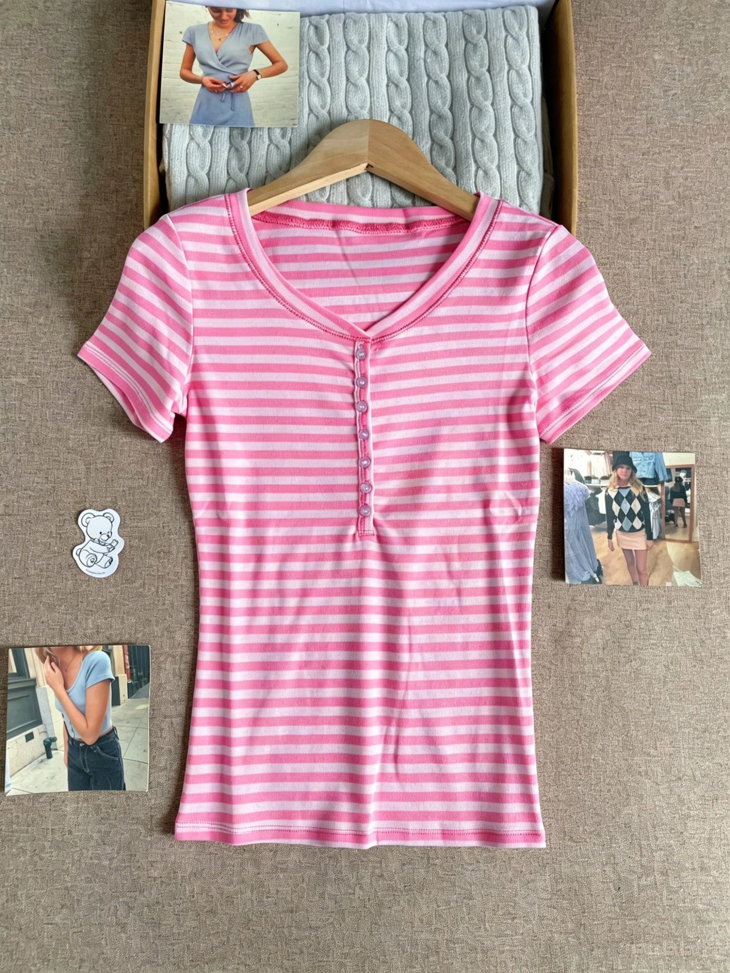 Pink Striped Slash Neck T-shirt Women Summer Casual Streetwear Slim Cotton Short Sleeve Tees Colthes Sweet Cute Simple Tops Y2K