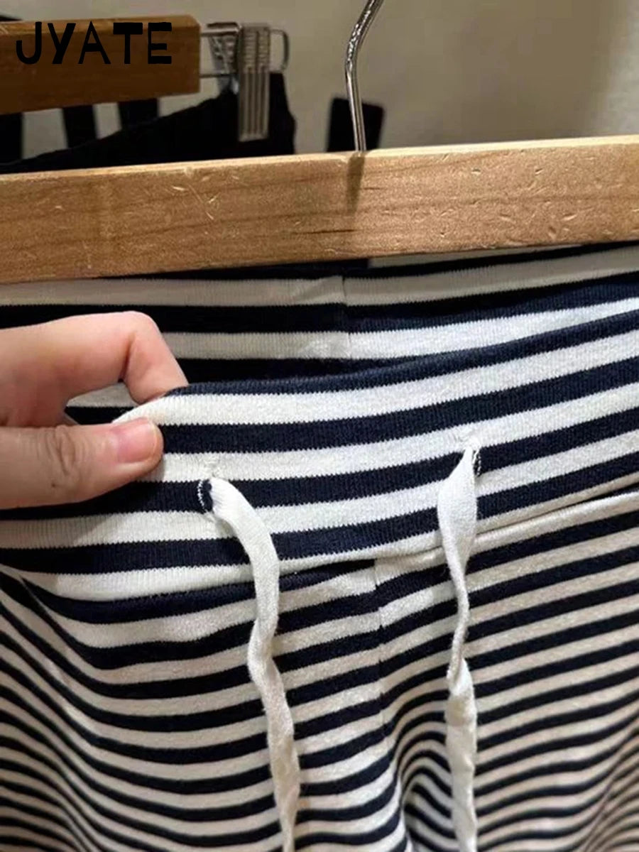 Vintage Classic Striped Drawstring Wide Leg Pants Women Cotton Soft High Waist Casual Sweatpant Harajuku Chic Sweet Trousers Y2K