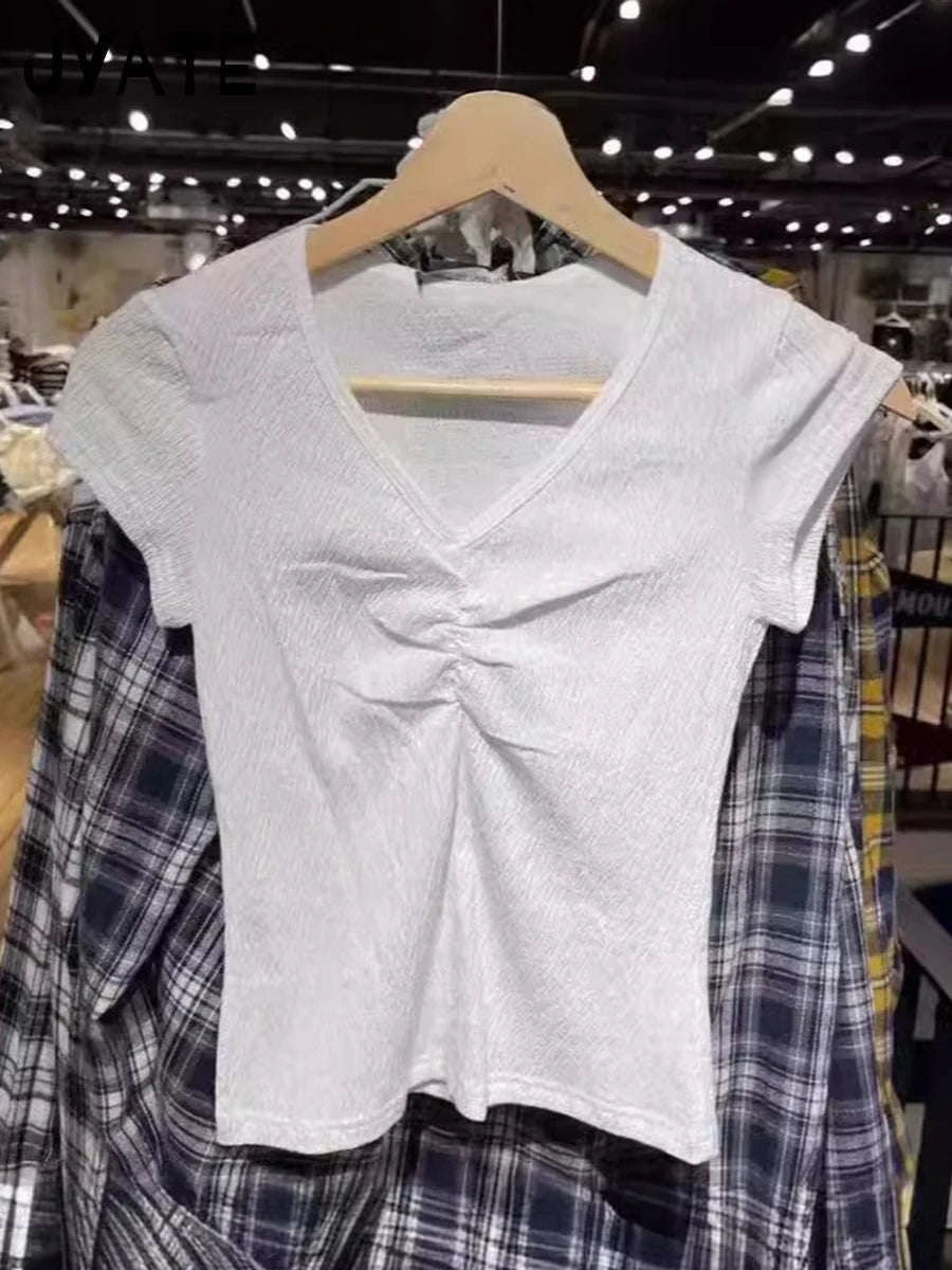 Sexy Slim Folds V-neck T-shirts Women Summer New Cotton Preppy Style Solid Short Sleeve Tees Sweet Cute Vintage Tops Clothes Y2K