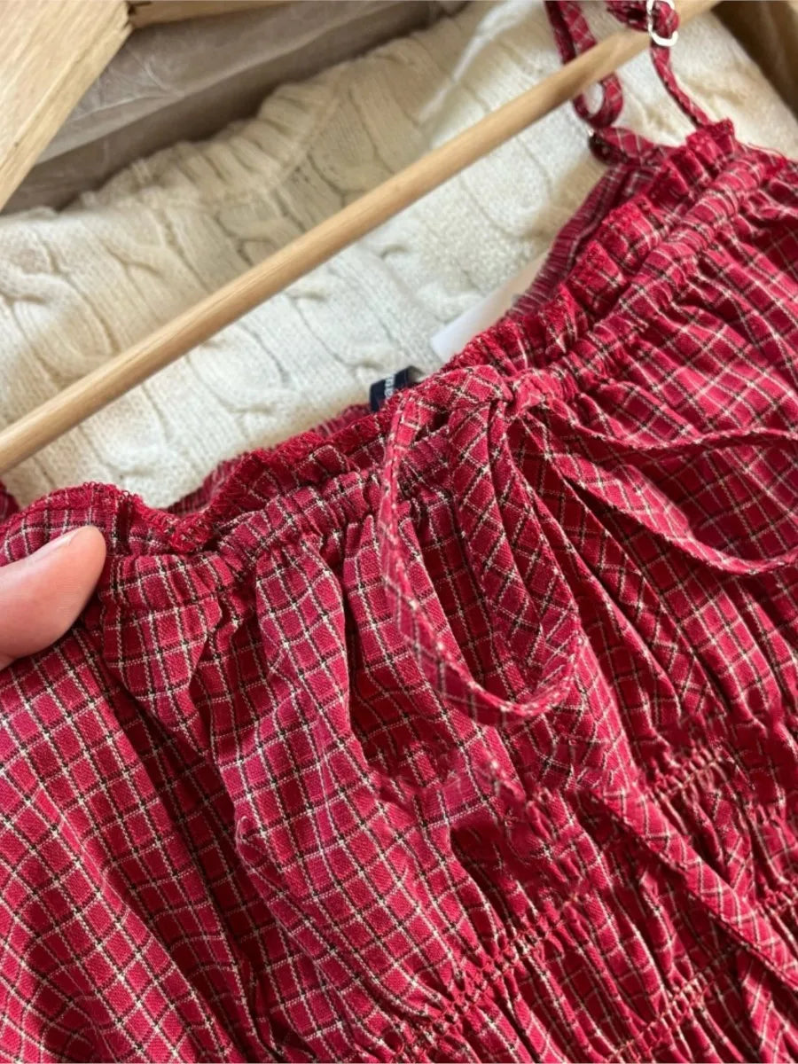Retro Red Plaid Ruffles Camisole Dress Women High Waist Backless Lace-up Sleeveless Long Dresses Vintage Cute Sweet Y2K Vestidos