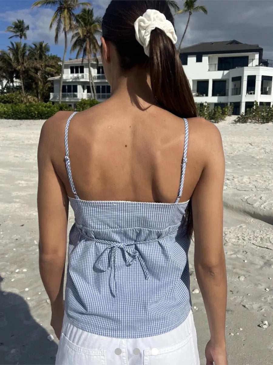 Blue Plaid Back Lace-up Slim Tank Tops Women New Simple Causal V-neck Sexy Sleeveless Vests Sweet Preppy Style Cropped Camisole