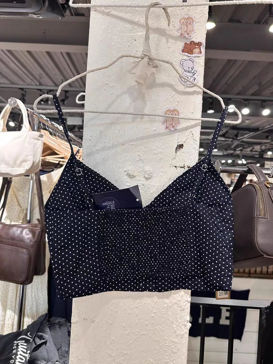 Vintage Navy Polka Dot Slim Crop Top Women Summer Cotton Single Breasted V-neck Cropped Camisole Streetwear Sweet Tank Tops New