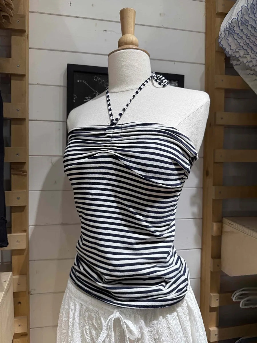 Striped Drawstring Folds Strapless Tank Tops Women New Summer Cotton Slim All-match Vest Vintage Sweet Preppy Style Camisole Y2K
