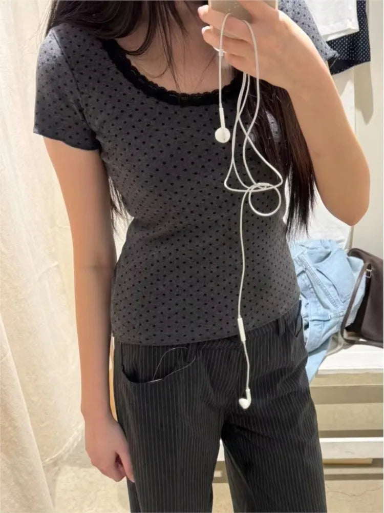 Dot Print Lace Trim Patchwork T-shirts Women New Cotton Casual O-neck Short Sleeve Tees Sweet Preppy Style Cute Tshirt Y2K Tops