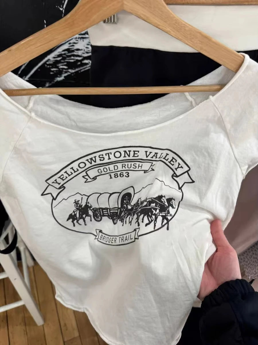 Carriage Print Slash Neck Crop Tops Women New Cotton Slim Streetwear Raw Hem Short Sleeve Tee Harajuku Vintage Cute T-shirts Y2K
