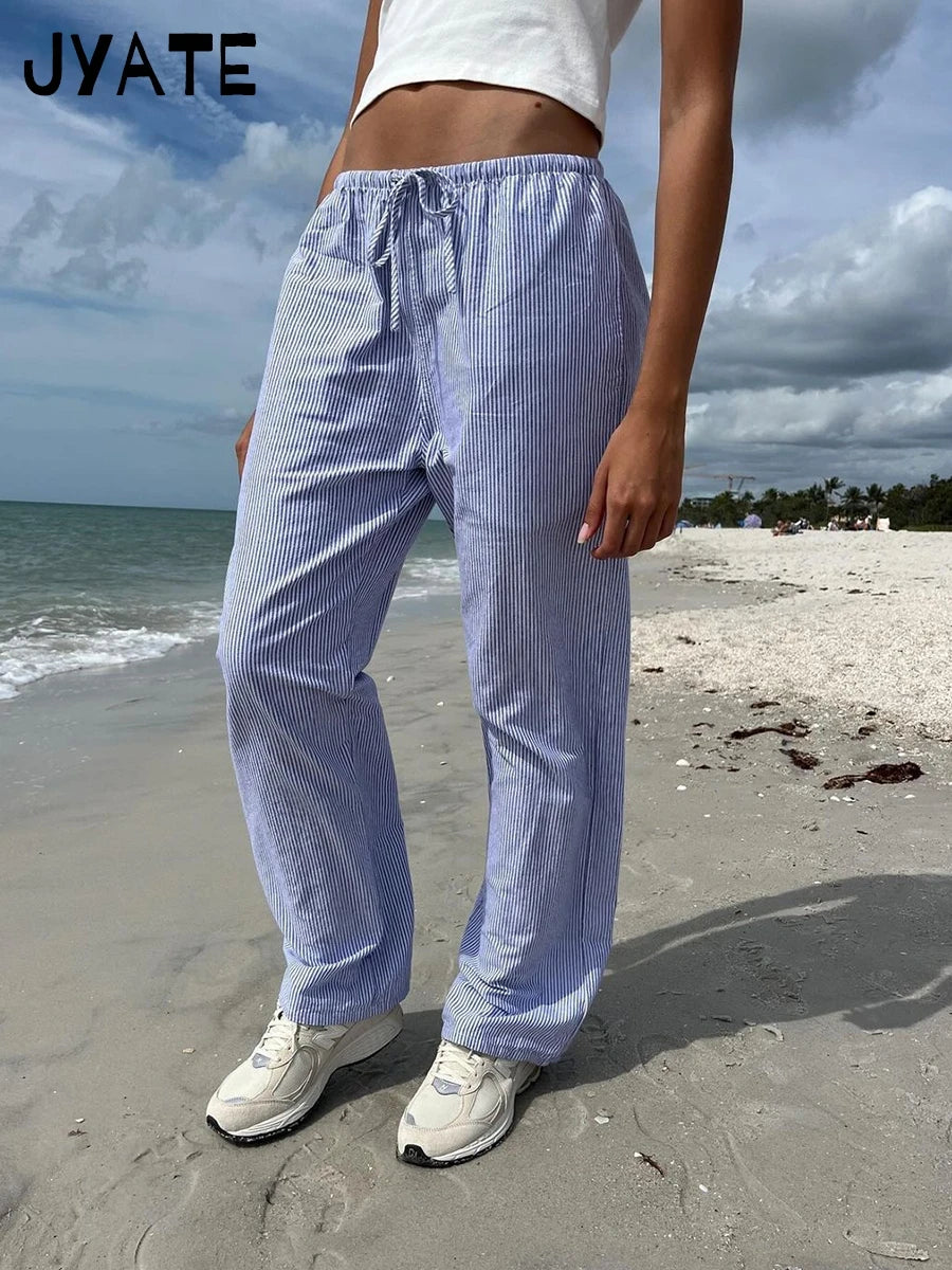 Fashion Blue Striped Drawstring Straight Sport Pants Women New Chic Elastic High Waist Long Pant Casual Sweet Loose Trousers Y2K