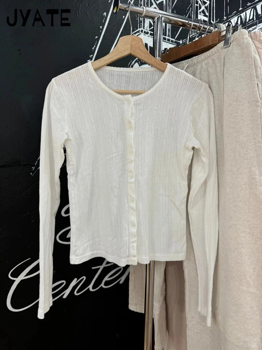 Sweet Eyelet Knitted White Long Sleeve Tees Women New Cotton Casual Slim Single Breasted Smock Tops Vintage Cute Basic T-shirts