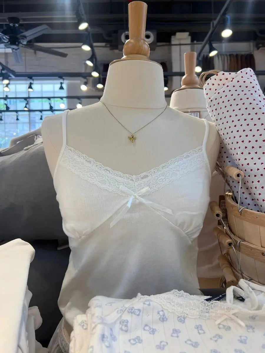 Sweet Bow White Tank Shorts Cotton Set Women Lace Trim V-neck Vest+Buttons Straight Short Boxer Short Pant Cute Home Pajama Sets