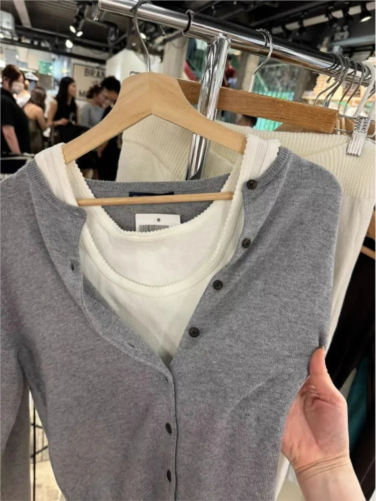 Autumn New Gray Slim Cardigans Women Chic Round Neck Long Sleeve Cotton Sweaters Female Vintage Casual Sweet Cardigan Tops Chic