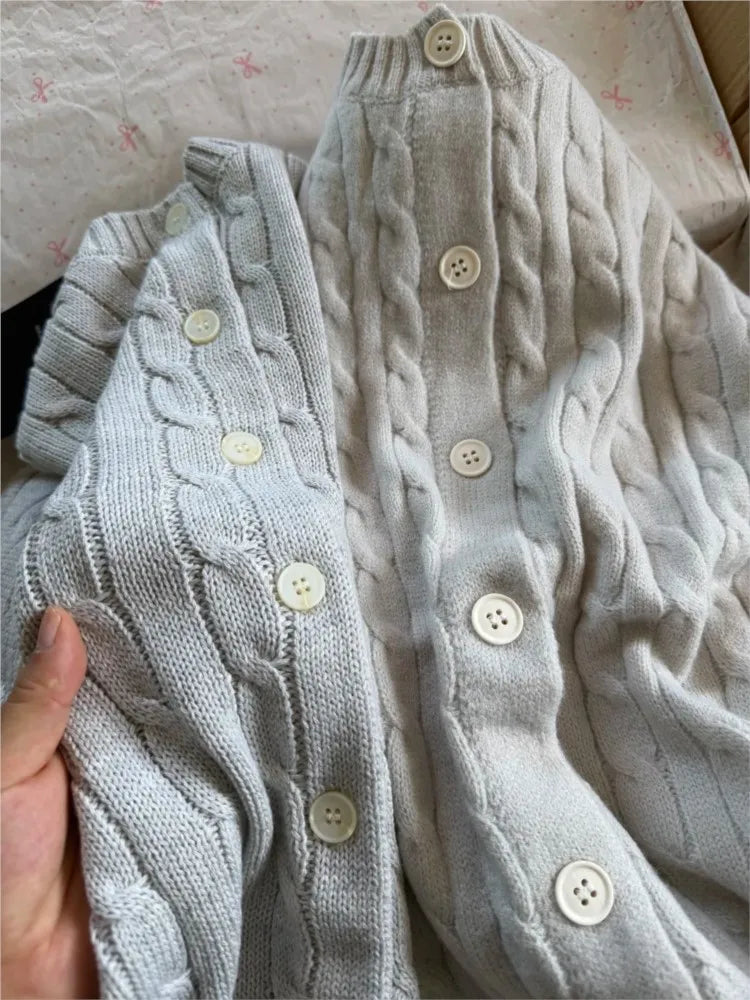 Solid Knit Twist Sweater Coat Women Autumn  O-neck Button Loose Casual Solid Jumper Tops Vintage Harajuku Y2K Chic Cardigan