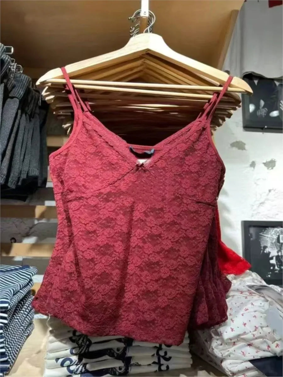 Claret Lace Bow V-Neck Tank Top Summer Sleeveless Thin Slim Sleeveless Vest Women Sweet Vintage Streetwear Sexy Crop Tops Y2k