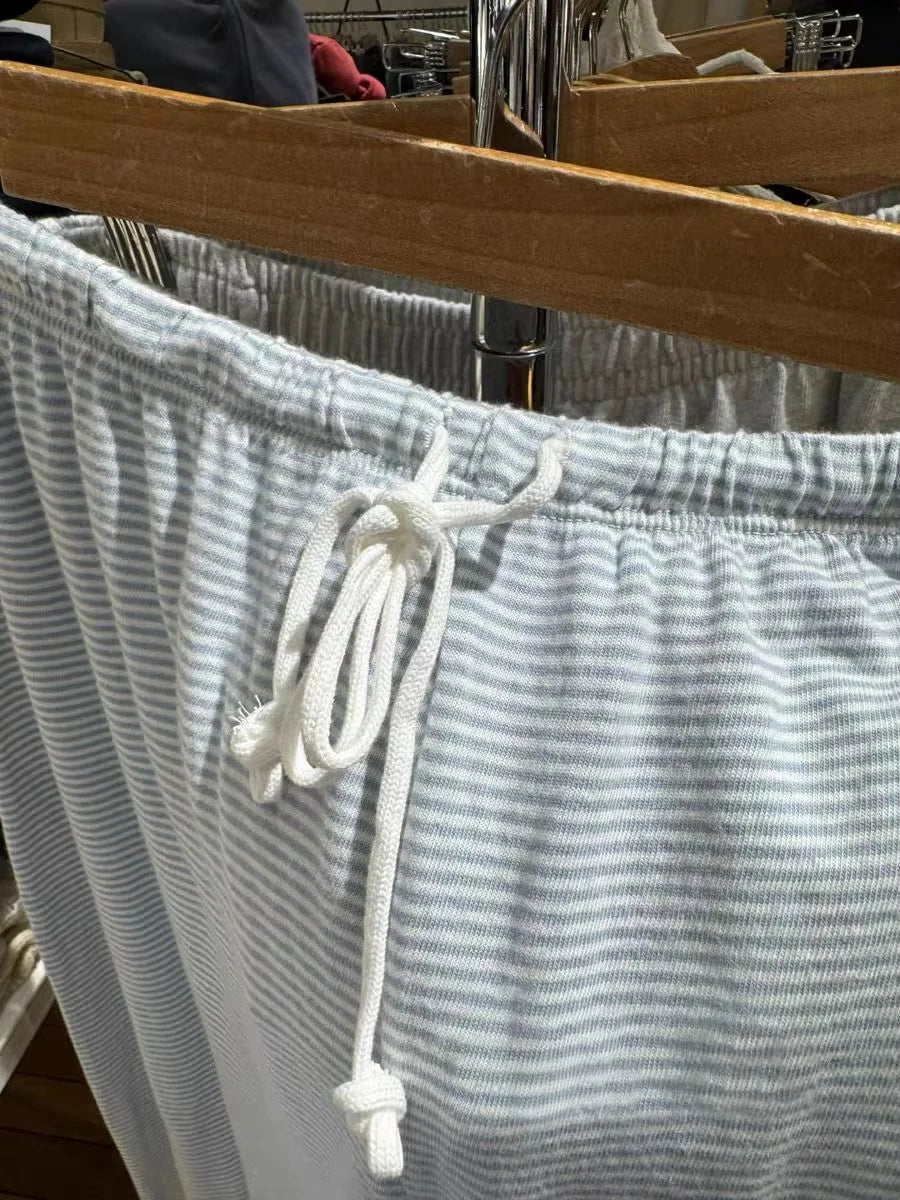 Blue Striped Drawstring Straight Long Pants Women Casual Cotton Soft High Waist Trousers Simple Sweet Vintage Home Pajama Pants