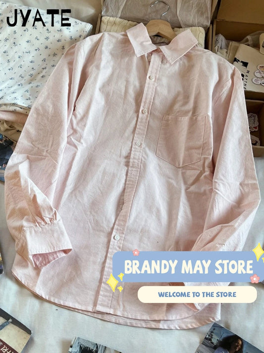 New Sweet Pink Striped Loose Blouse T-shirts Women Summer Casual Cotton Turn-down Collar Tees Preppy Cute Vintage Y2K Crop Tops