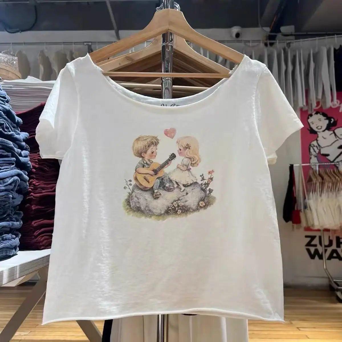 Guitar Print Slash Neck Crop Tops Women Summer New Streetwear Cotton Slim Raw Hem Short Sleeve Tee Sweet Vintage Cute T-shirts