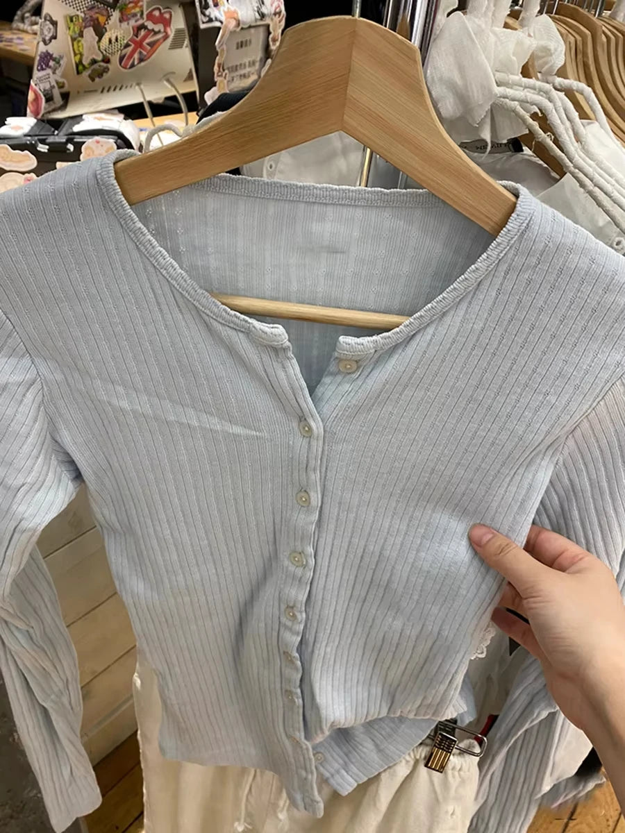 Blue Eyelet Long Sleeve Tee Women Casual Cotton Slim O-neck Single Breasted T-shirt Female Cute Sweet Preppy Style Tshirt Tops