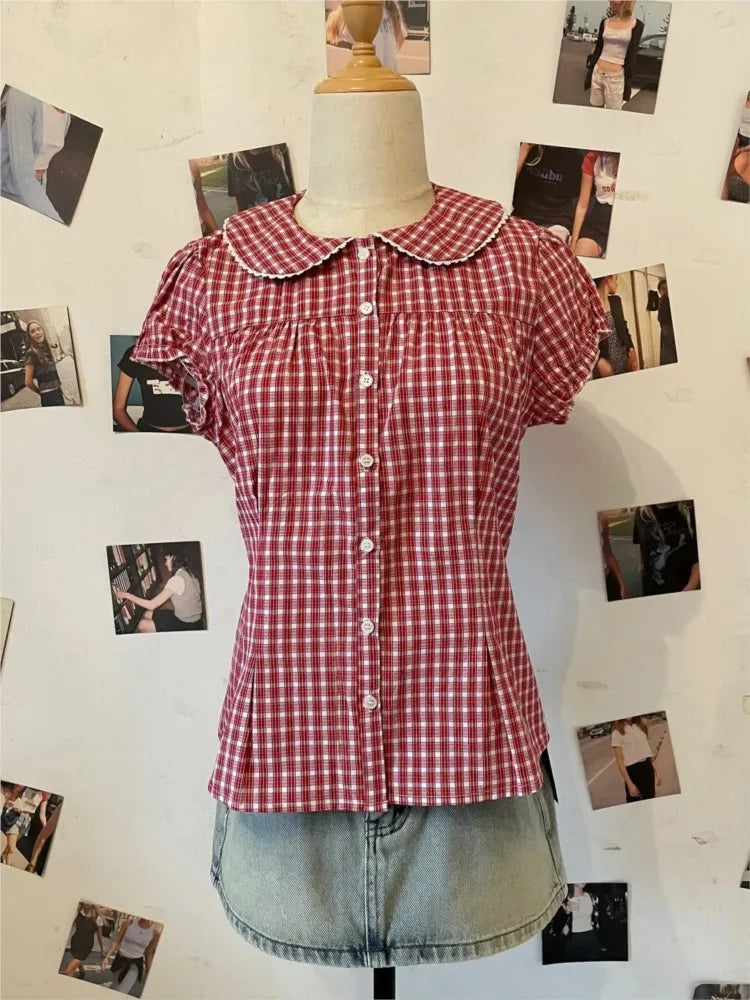 Sweet Peter Pan Collar Blouse Women Casual Streetwear Buttons Short Sleeve Tees Cute Preppy Style Chic T-shirts Y2K Blouses