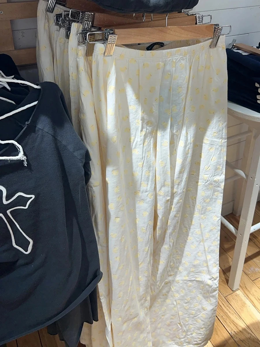 Little Yellow Duck Print Long Pants Women New Cotton Casual Elastic High Waist Straight Trouser Sweet Chic Cute Home Pant Y2K
