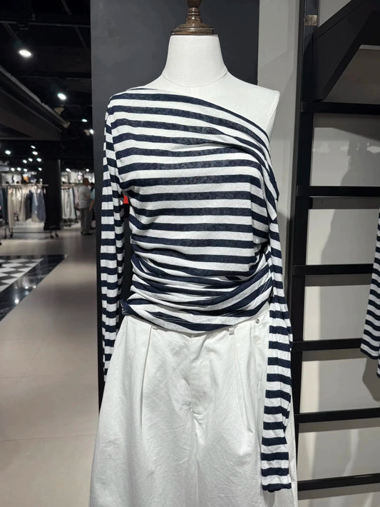 Striped Slash Neck T-shirts Women Casual Streetwear Slim Thin Smock Long Sleeve Tees Vintage Preppy Style Chic Tshirt Y2K Tops