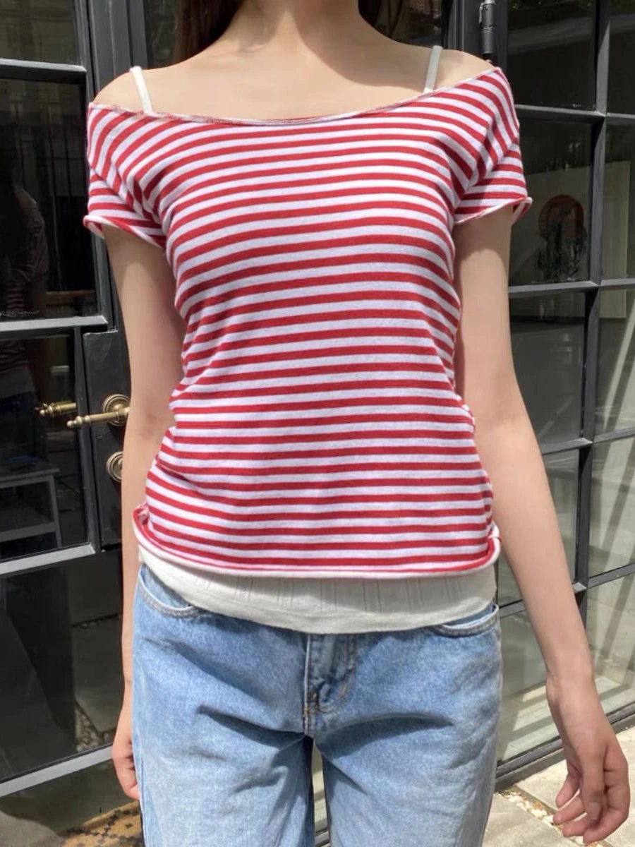 Red Striped T-shirt Women Sexy Slash Neck Raw Hem Slim Cotton Short Sleeve Tee Shirts Female Summer Vintage Tshirt Y2K Tops New