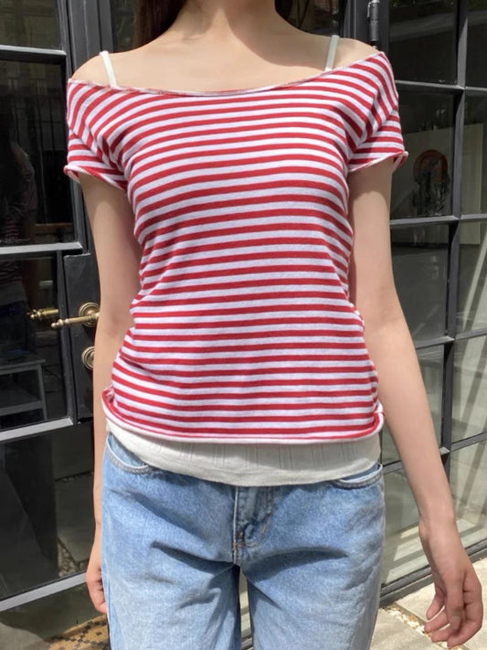 Red Striped T-shirt Women Sexy Slash Neck Raw Hem Slim Cotton Short Sleeve Tee Shirts Female Summer Vintage Tshirt Y2K Tops New