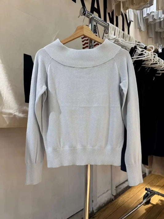 Simple Gray Blue Slash Neck Slim Knitted Sweater Women Casual Long Sleeve Cotton Pull Sweaters Sweet Preppy Style Jumpers Y2K