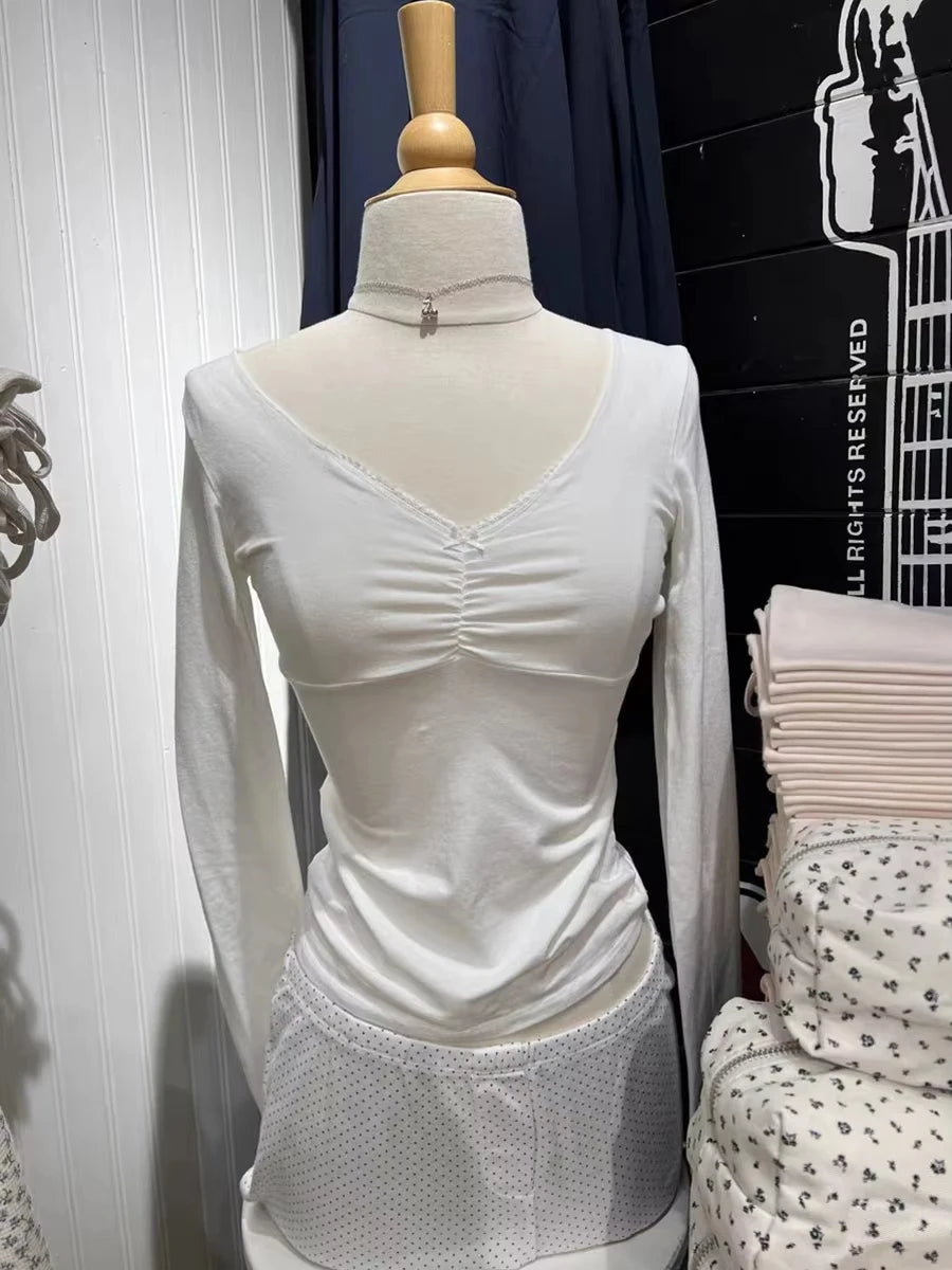 Sweet Gray Folds V-neck Slim Long Sleeve Tees Women Spring New Cotton Soft Simple Basic Crop Tops Vintage Cute Chic T-shirts Y2K
