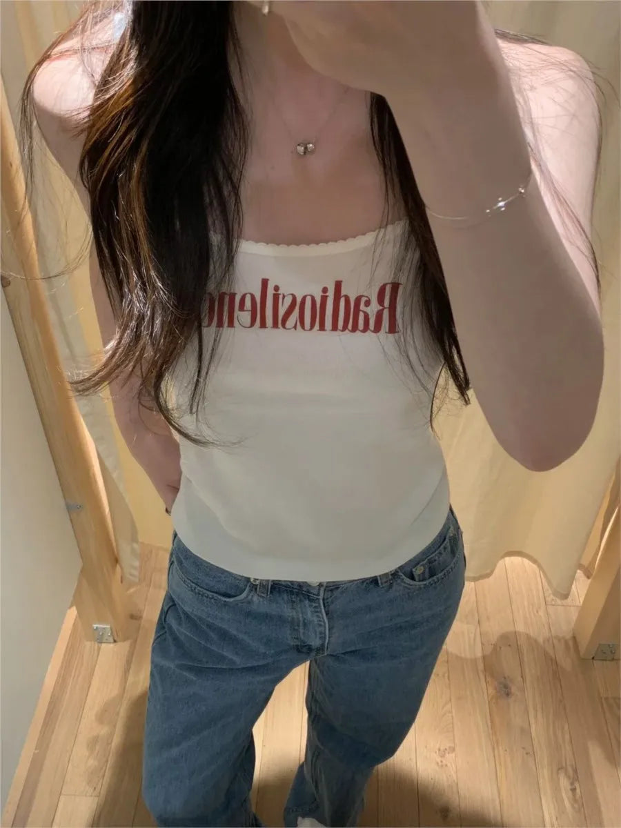 Letter Print Lace Trim Slim Tank Tops Women Summer Streetwear Sleeveless Cotton Camisole Female Sweet Preppy Style Simple Vests