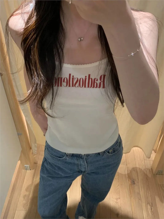 Letter Print Lace Trim Slim Tank Tops Women Summer Streetwear Sleeveless Cotton Camisole Female Sweet Preppy Style Simple Vests