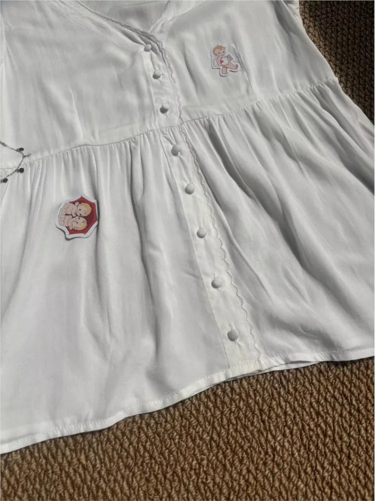 White Lace Trim Short Sleeve T-shirt Blouse Summer V-neck Single Breasted Thin Tees Solid Transparent Elegant Woman's Shirts
