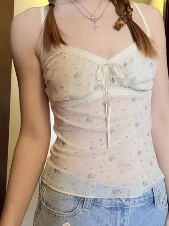 Blue Floral Folds V-neck Tank Tops Women Summer New Sexy Beige Slim Lace-up Sleeveless Vests Sweet Cute Preppy Style Camisole