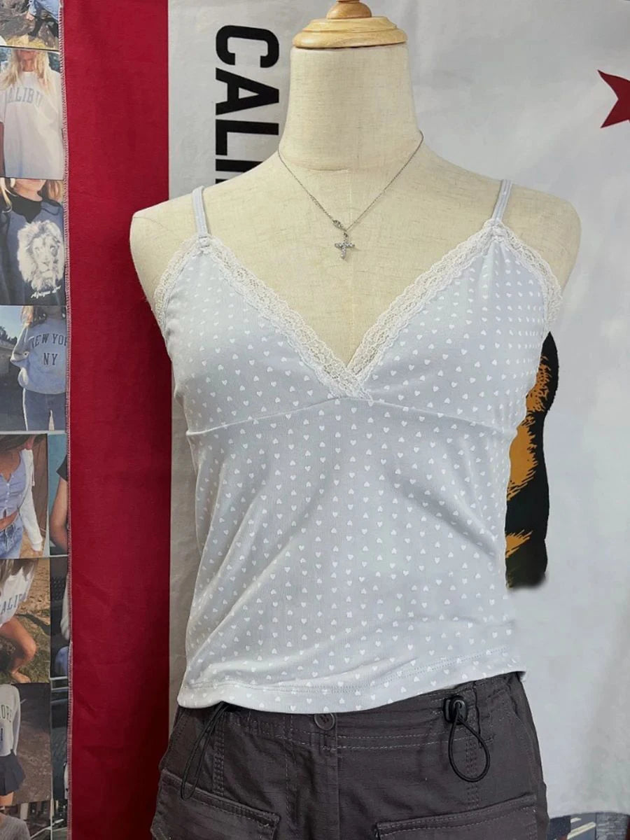 New Black Dot Fungus Trim Bow Crop Top Women Summer Cotton Slim V-neck Sleeveless Camisole Sweet Cute Preppy Style Tank Tops Y2K