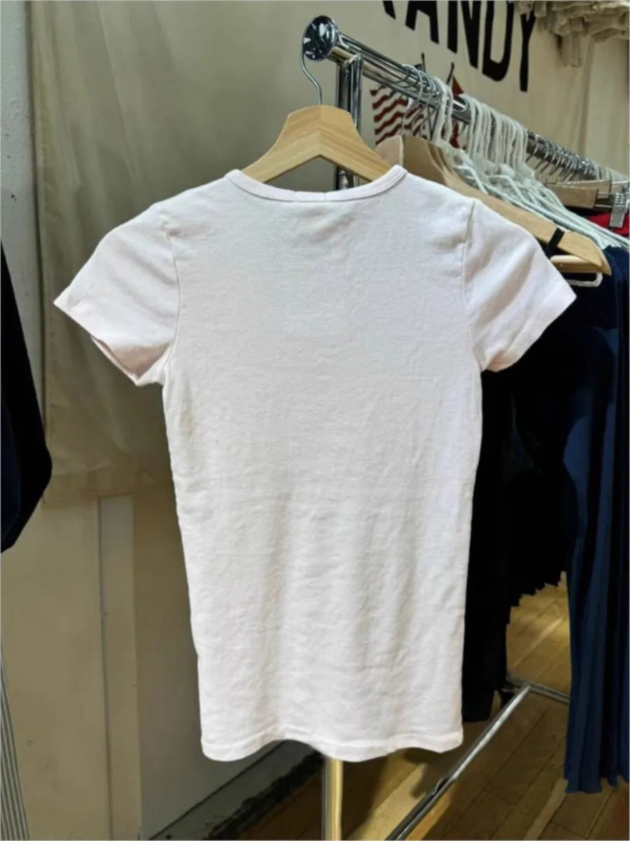 Light Pink Slim T-shirt Women Summer New Round Neck Short Sleeve Cotton Tee Tops Casual Sweet Cute Simple Basic Tshirt Top Y2K