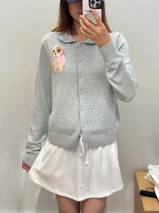 Cute Bow Crochet Buttons Babydoll Top Cardigan Women New Lace collar Cotton Knitted Jumper Sweet Preppy Style Sweater Autumn