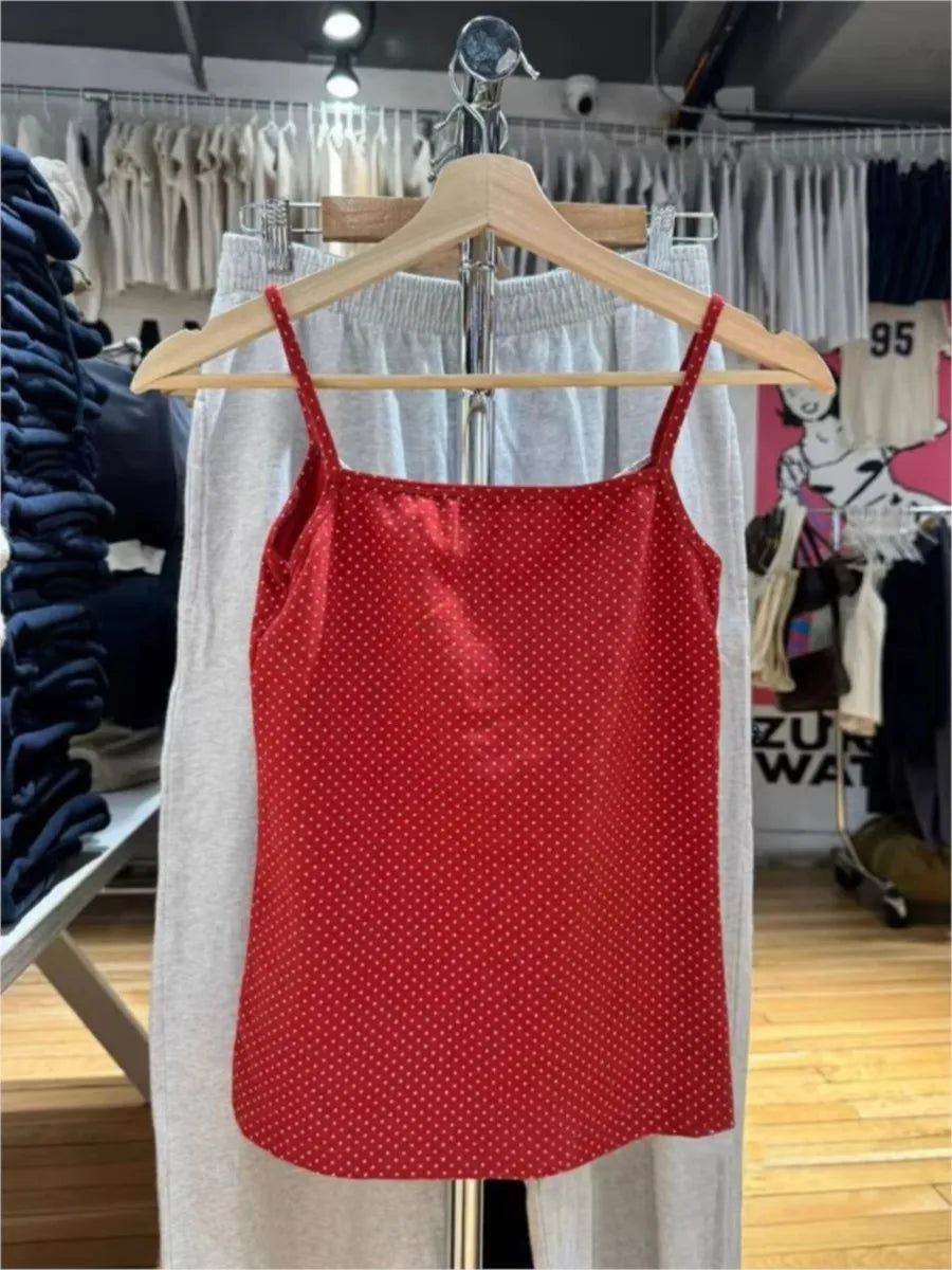 Red Polka Dot Two Button Cotton Tank Top Women New Casual Slim Sexy Lace Trim Cropped Vests Female Vintage Simple Chic Camis Y2K