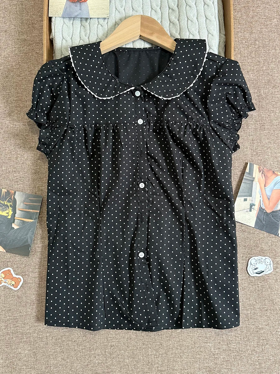 Cute Pink Plaid Peter Pan Collar Blouse Women New Casual Streetwear Buttons Short Sleeve Tee Sweet Preppy Style T-shirts Y2K Top