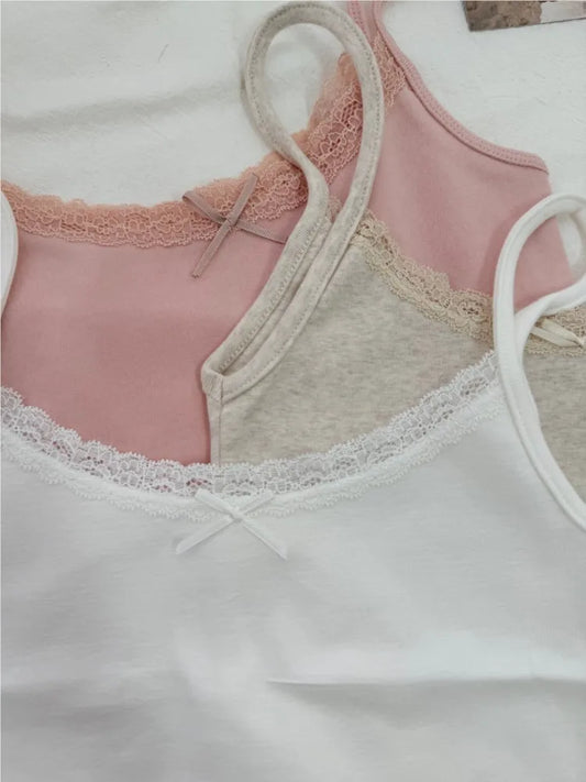 Cute Cotton Soft Lace Trim Tank Tops Women New Summer Solid Chic Bow Slim Cropped Vests Sweet Preppy Style Casual Camisole Y2K