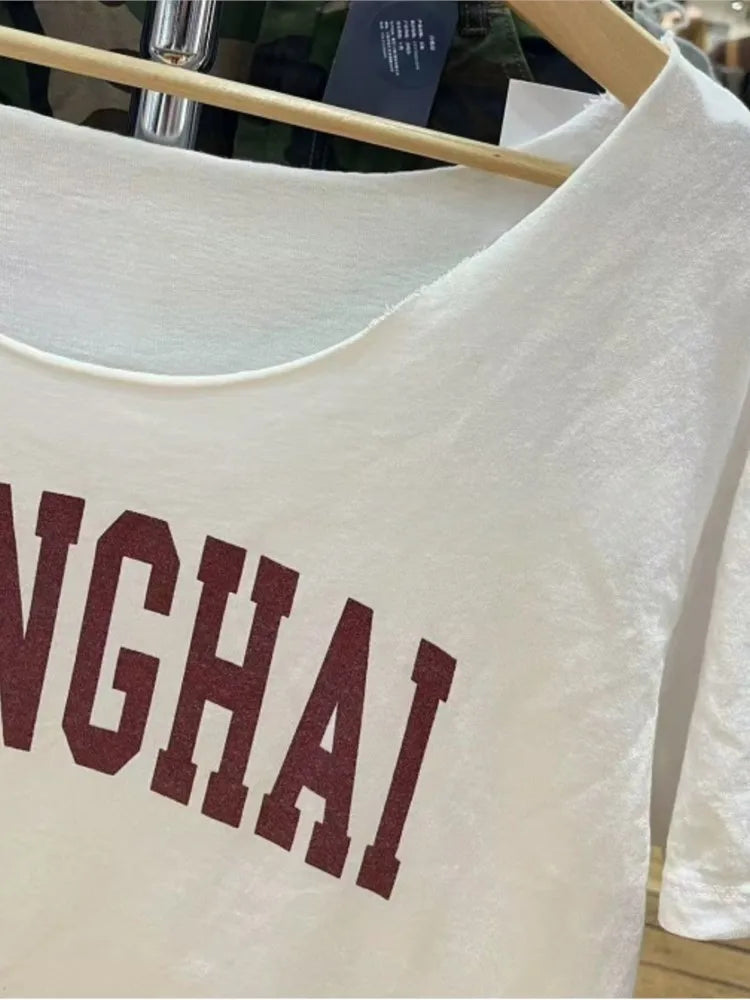 Letter Print Slash Neck T-shirts Women Summer Casual Simple Sexy Loose Short Sleeve Tees Vintage Chic Preppy Style Tops Y2K New