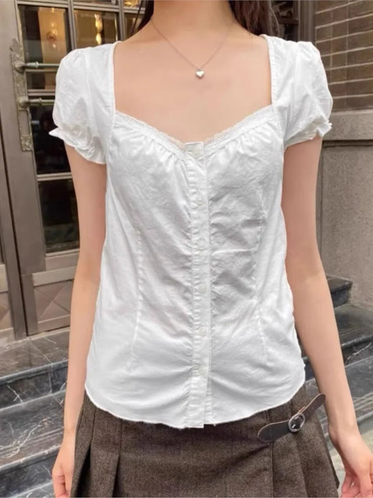 White Lace Trim Buttons Short Sleeve Tee Women Cotton Casual Turn Down Collar Preppy Style Tops Sweet Vintage Chic Cute T-shirts