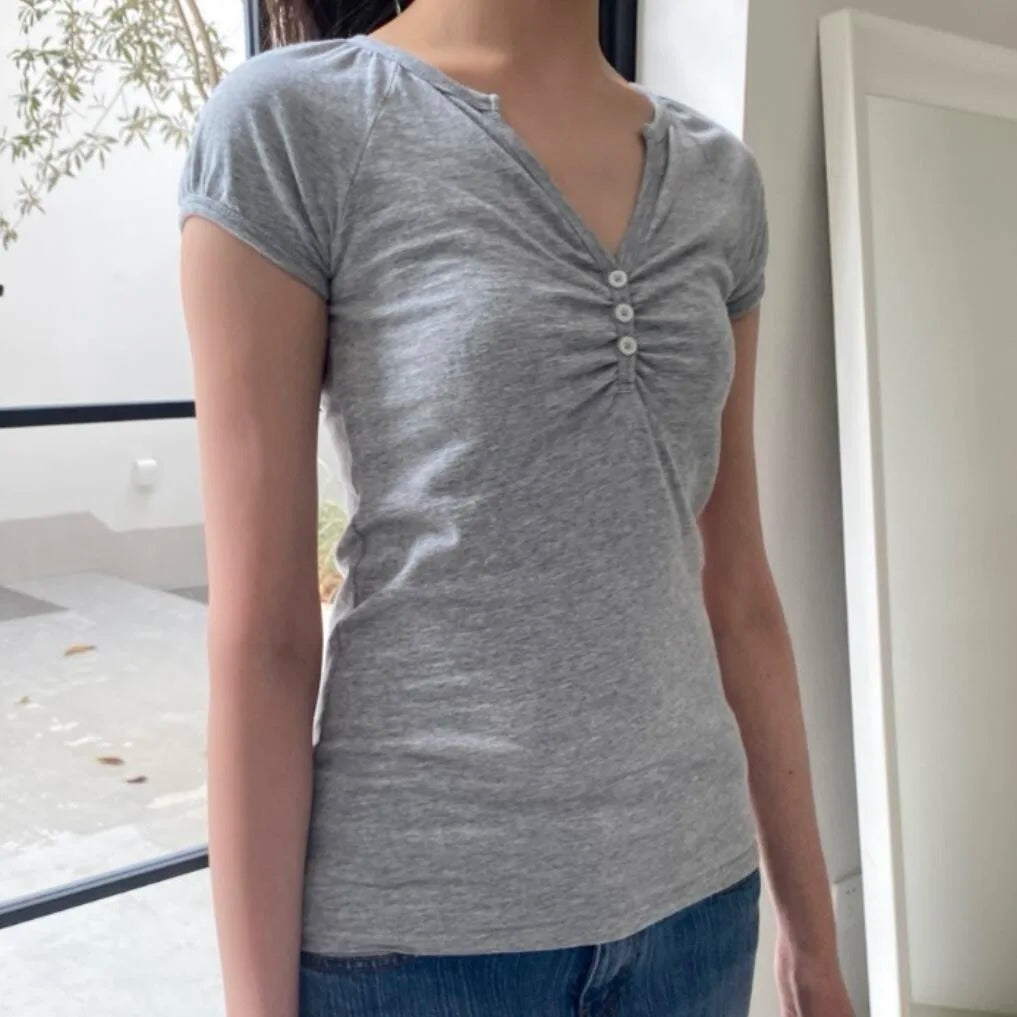 Solid Three Buttons Fold T-shirts Women Summer Streetwear Casual Cotton Slim Short Sleeve Tee Simple Basic Sweet Tshirt Y2K Tops