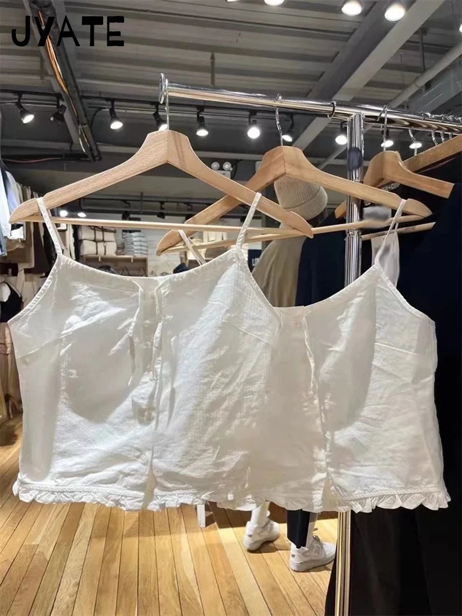 Sweet White Lace-up Ruffles Tank Tops Women Summer New Cotton Sexy Slim Buttons Strapless Vests Cute Vintage Preppy Camisole Y2K