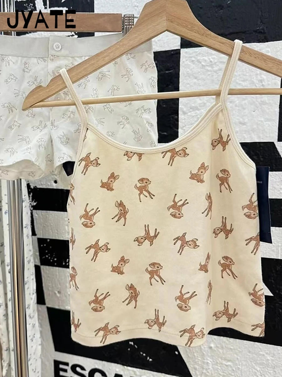 Little Deer Vest Shorts 2 Pieces Set Women Lace Trim Bow Slim Tank Top+Buttons Patchwork Straight Short Pant Sweet Suit Sets Y2K
