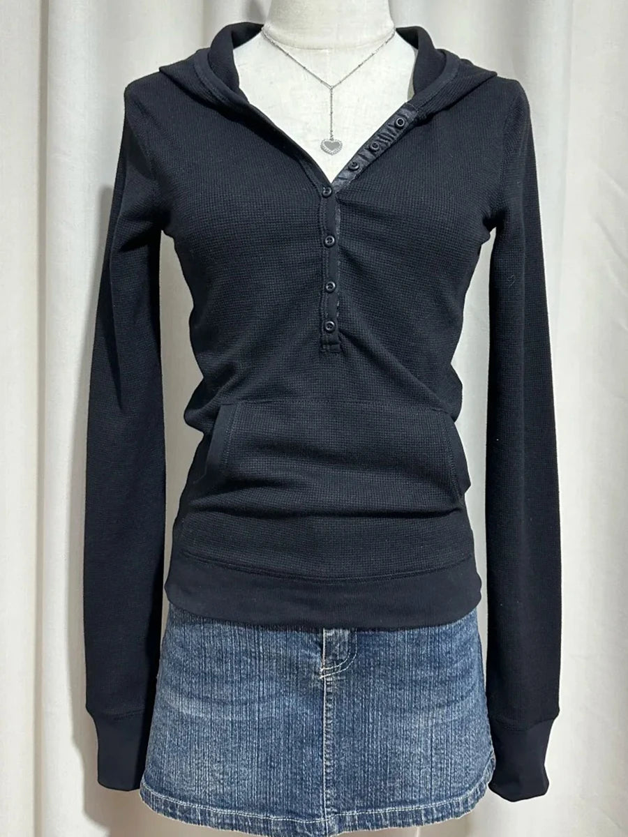 Waffle Hooded T-shirt Women Spring Streetwear Buttons Cotton Long Sleeve Slim Tee Shirts Vintage Preppy Style Tops Y2k
