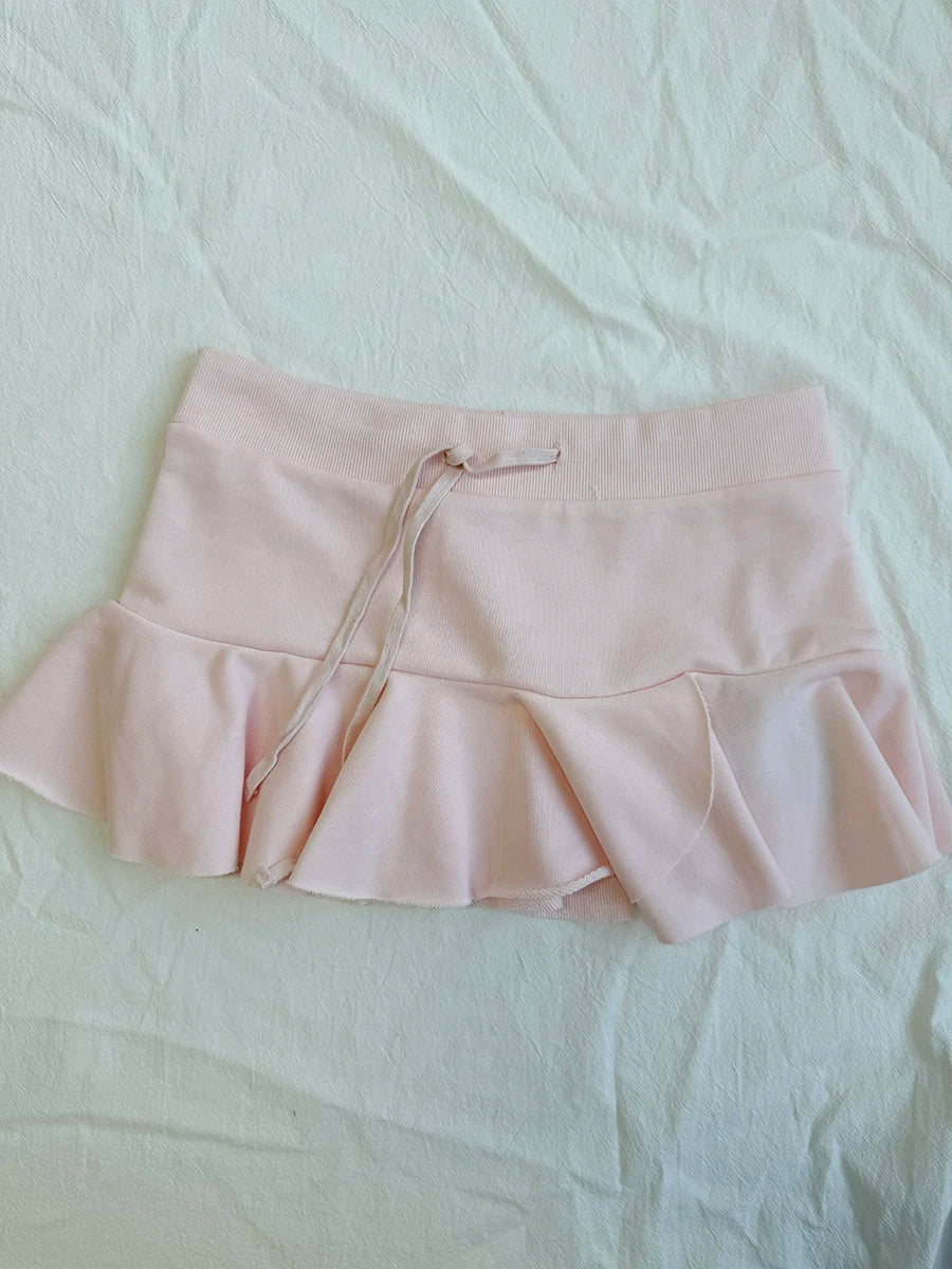 Mini Ballet Faldas Sets Women Casual Chic Pink Lace-up A-line Skirts Set Cute Sweet Preppy Style Short Skirt 2 Piece Set