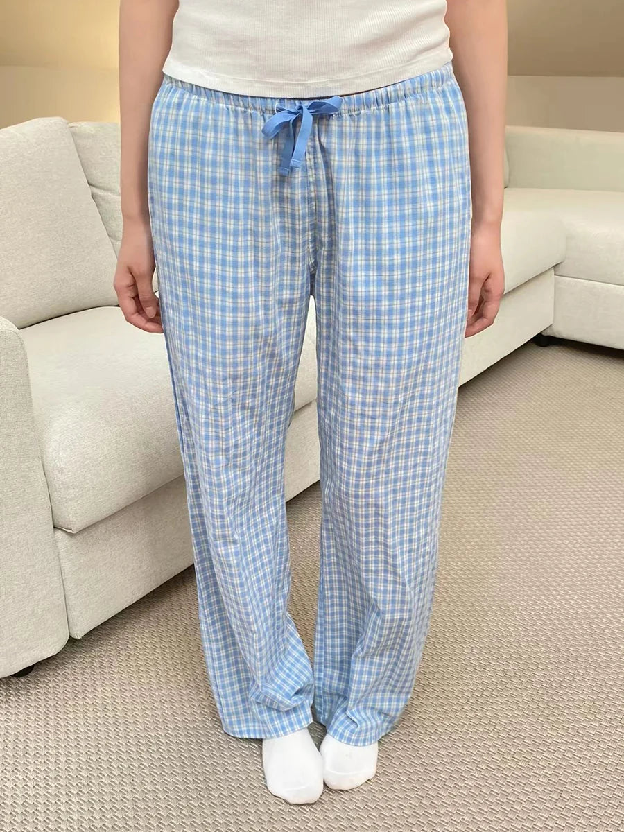 Sweet Blue Plaid Straight Pants Women Summer Chic Drawstring Low Waist Trousers Female Preppy Style Cozy Cotton Long Pant Y2K