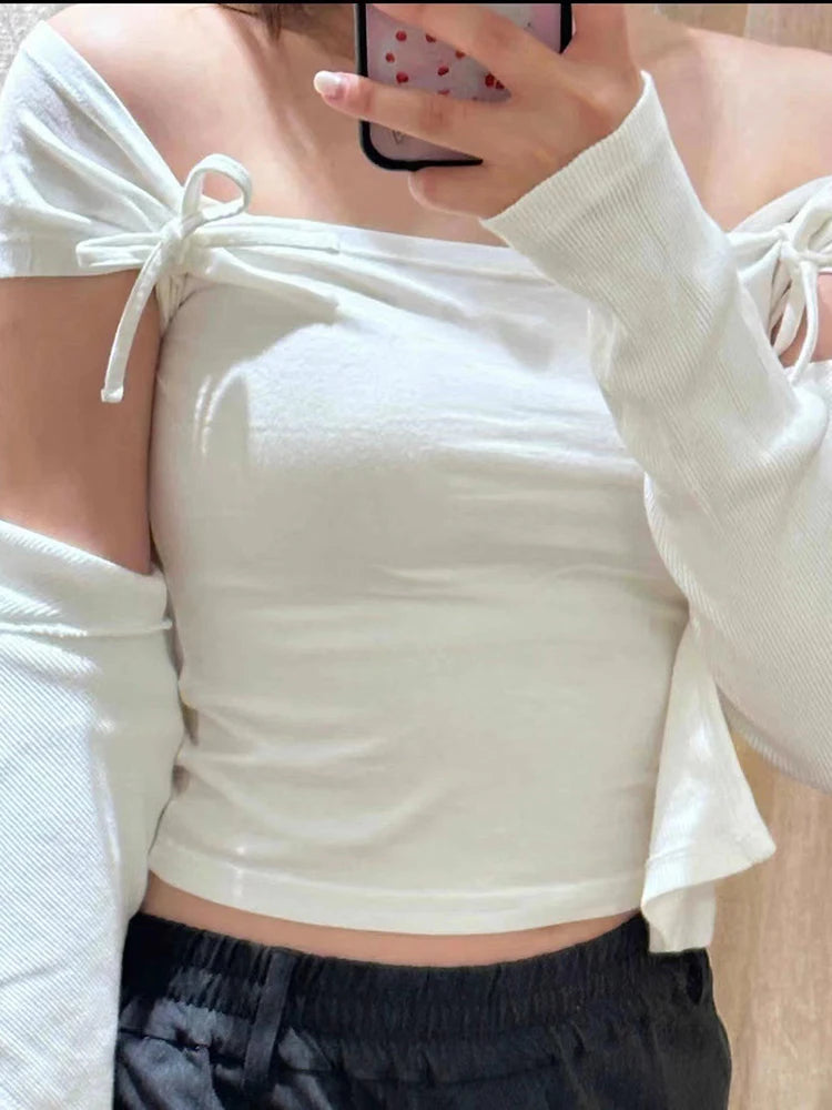 Sweet White Bow Cotton Short Sleeve Tees Women Slim Streetwear Casual Harajuku Square Collar Crop Tops Vintage Cute Y2K Shirts
