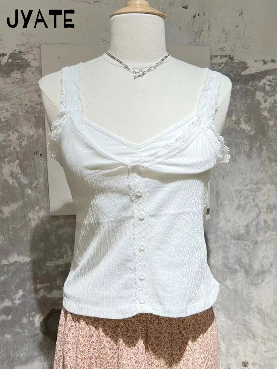 Black Slim V-neck Tank Tops Women Summer Casual Cotton Single Breasted Sleeveless Vests Female Vintage Sweet Y2K Camis