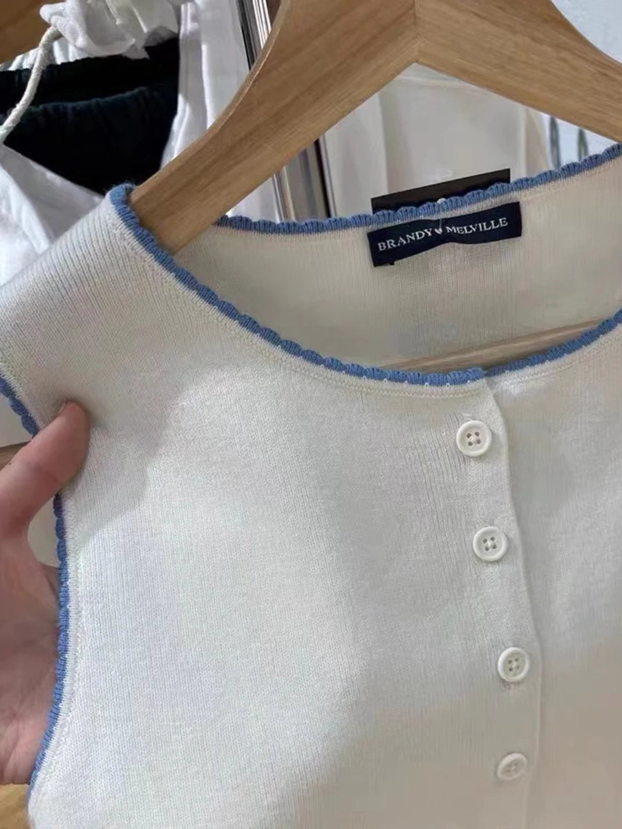 Sweet White Cotton Single Breasted Tank Tops Women Casual Simple O-neck Knit Vests Clothes Female Vintage Slim Chic Crop Top Y2K